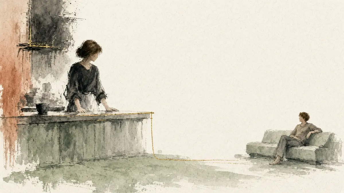 Watercolor of a woman in the kitchen looking toward her partner resting on a sofa, with a thin gold line between them.