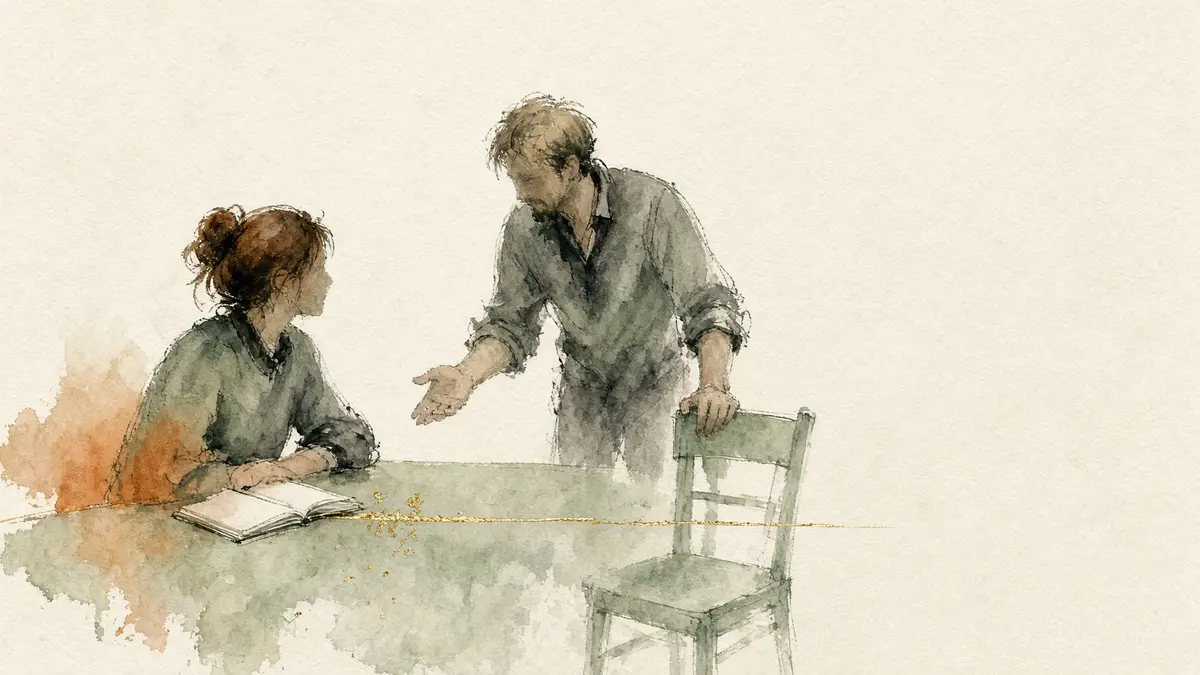 Ink-wash illustration of a woman seated at a table with an open notebook, looking toward a standing man who holds one hand palm up and rests the other on a chair.