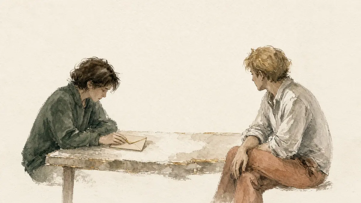 Watercolour of a woman looking down at an envelope on a table while her partner sits opposite, turned toward her.