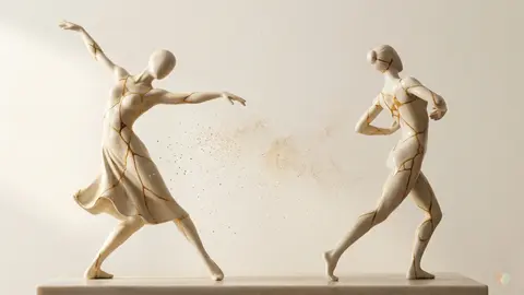 Anxious-avoidant trap representation showing two cracked porcelain dancers pulling apart, illustrating toxic attachment style cycles and relationship conflicts.