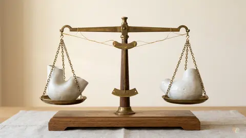 Vintage scale balancing broken pottery representing Regain vs Talkspace couples therapy comparison for relationship repair and conflict resolution.