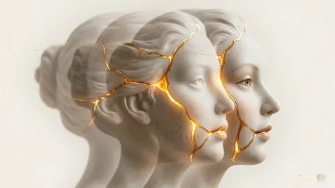 Imago relationship therapy concept showing a shattered marble face with golden kintsugi cracks, illustrating emotional healing from unconscious partner selection, toxic relationship cycles, and childhood trauma.