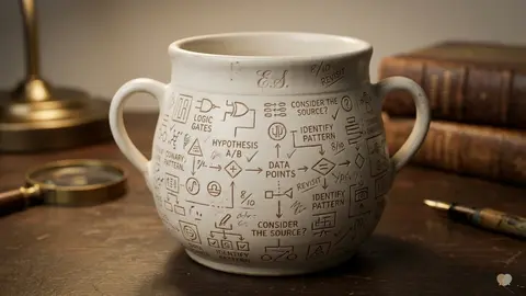 Una taza analítica con diagramas de seguimiento de datos junto a libros antiguos, que representa la educación estructurada sobre relaciones y las opiniones de la aplicación Relish.