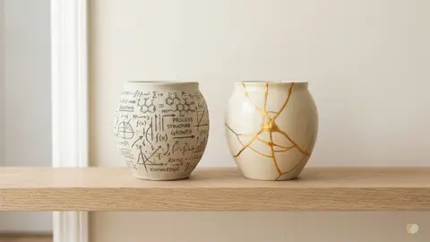A visual comparison of relationship apps, showing a formula-covered vase representing structured relationship education like Relish alongside a Kintsugi repaired vase representing real-time conflict resolution like LoveFix.