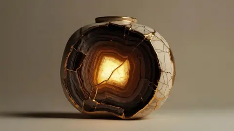A glowing kintsugi agate sphere illustrating the delicate balance and difference between compromise and sacrifice in a relationship.