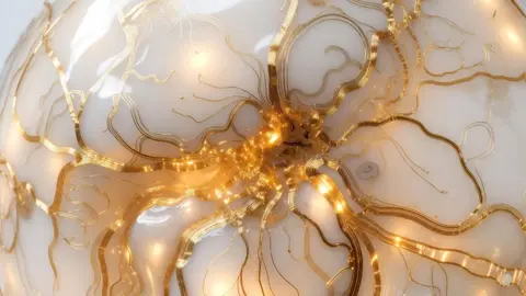 White ceramic kintsugi bowl with glowing golden neural pathways, representing an anxious attachment style nervous system response, emotional triggers, and healing in relationships.