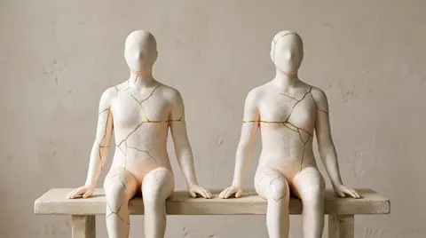 Two faceless porcelain figures sit side by side within reach but not facing each other, their gold seams running across each body and stopping at the gap between them, illustrating how to communicate better in a relationship.