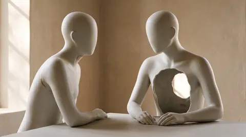 Two faceless porcelain figures lean close in warm light, one listening attentively with its chest hollow and open, illustrating how it feels when your partner listens and still does not hear you.