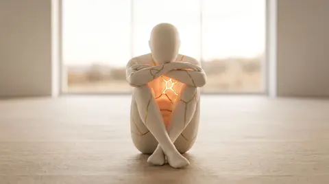A faceless porcelain figure sits curled on the floor of a bright open room, warm light glowing inside its chest and escaping through fine seams, illustrating stonewalling in relationships as a shutdown rather than a weapon.