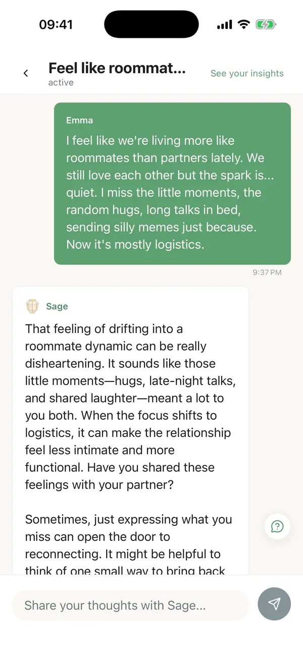 Private conversation with Sage in LoveFix (cropped)
