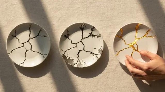 Three plates showing generational trauma with the last one being fixed in kintsugi style