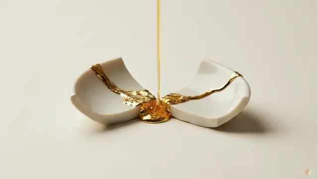 Two pieces of broken white porcelain on a clean minimal surface, the break between them being filled with liquid gold (kintsugi), representing the transformation of fight into intimacy