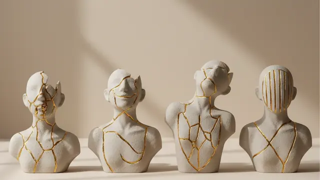 Four distinct figures or forms that are each imperfect but made beautiful by their golden repairs, symbolizing the Horsemen and their potential for transformation.