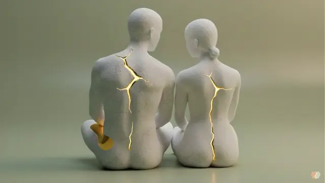 dos figuras de porcelana al estilo kintsugi,  rotas y unidas por oro líquido, que simboliza la reparación y la reconciliación en las relaciones de pareja.