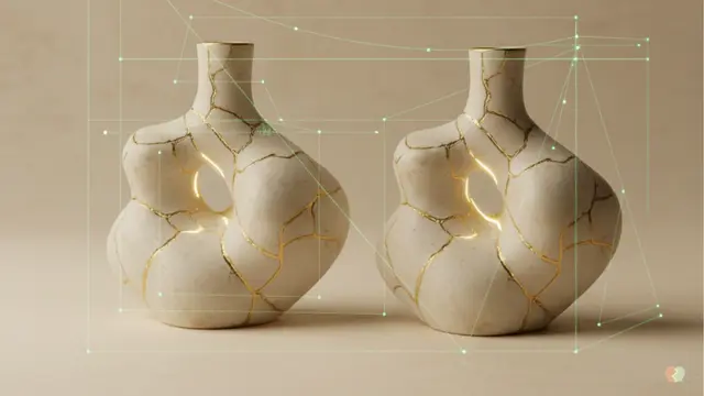 Dos formas abstractas de porcelana con juntas doradas visibles de kintsugi, colocadas como si estuvieran siendo estudiadas o examinadas, con una suave superposición geométrica de color verde salvia que sugiere análisis y estructura.