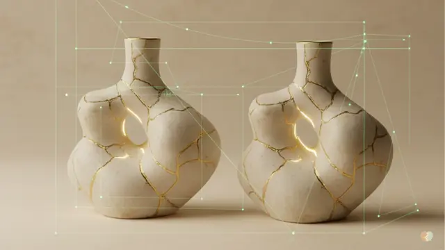 Two abstract porcelain forms with visible golden kintsugi seams, positioned as if being studied or examined, with soft sage green geometric overlay suggesting analysis and framework