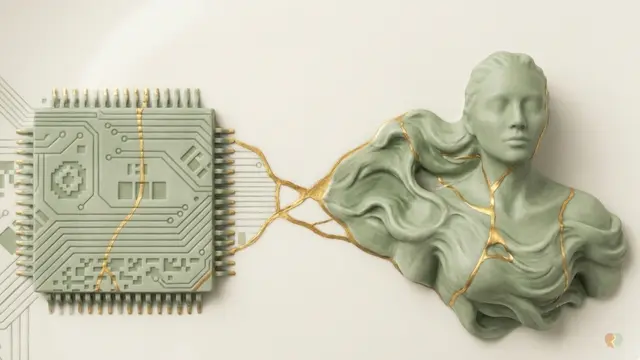 Ceramic sculpture uniting microchip and human forms, symbolizing AI in couples therapy vs human therapist.