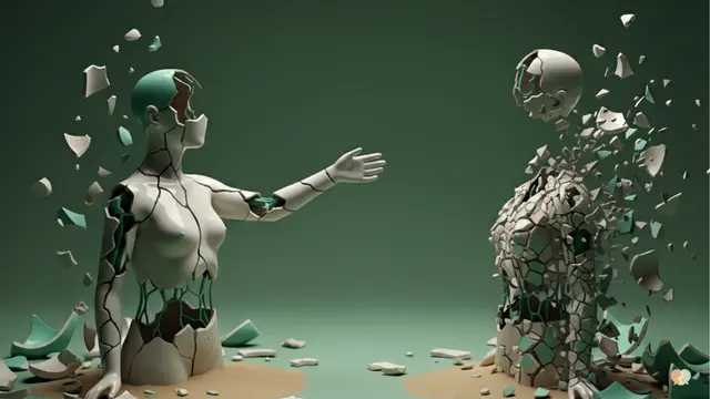 Abstract digital art of a couple as shattered ceramic figures attempting to connect, symbolizing emotional conflict and the process of relationship repair through AI-guided couples therapy.