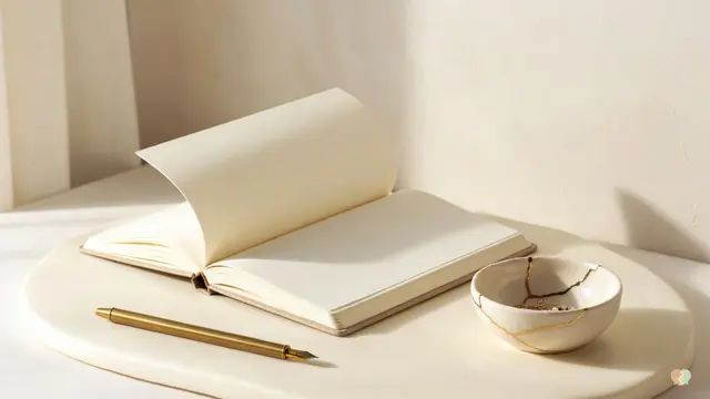 A Kintsugi bowl with gold repairs next to an open notebook and pen, symbolizing relationship healing and the effectiveness of online couples therapy.