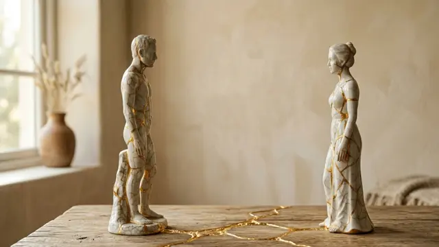 Kintsugi style statues of a couple standing apart but connected by a golden line, representing how the best apps for long-distance relationships help couples with communication, conflict repair, and maintaining intimacy across time zones.