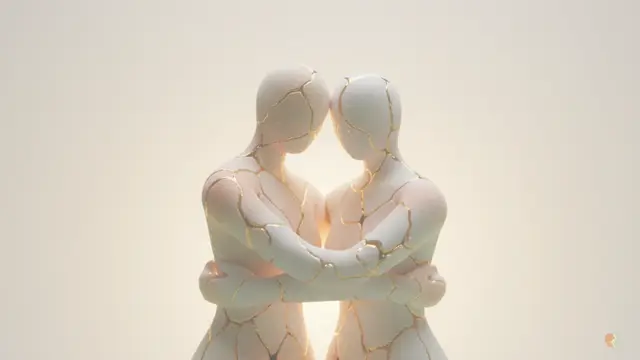 LoveFix vs couples therapy comparison showing Kintsugi-style figures hugging to symbolize relationship repair, healing, and professional counseling.