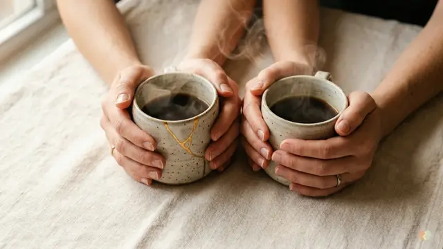 Happy couple holding hot coffee mugs with kintsugi repair, illustrating the small daily connection habits and healthy relationship repair strategies of successful marriages.