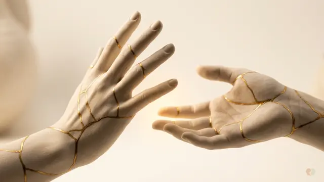 How to stop relationship defensiveness: A close-up of two hands with gold-filled cracks reaching for connection, representing the "iceberg" of shame and past wounds hidden beneath defensive behavior.