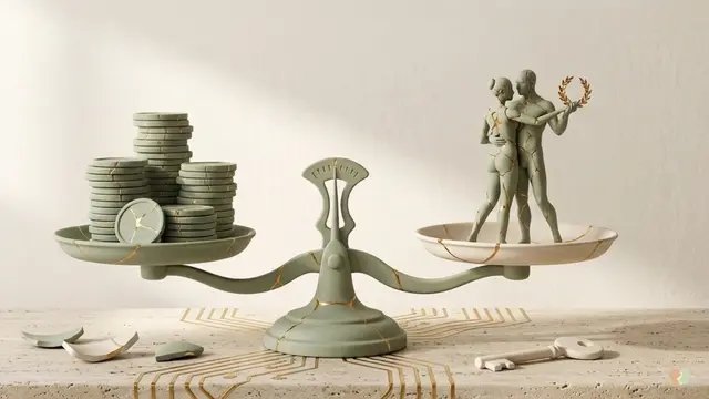 Illustration of a balance scale weighing money and a couple, representing if the monthly cost of Regain online couples therapy is worth the investment for relationship help.