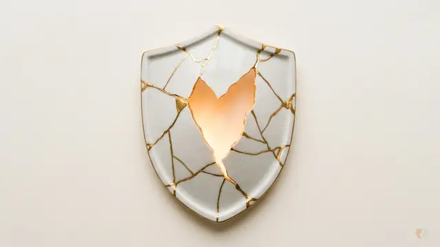 Kintsugi shield representing relationship repair and conflict resolution, comparing the costs and benefits of LoveFix AI coaching and Talkspace online therapy.