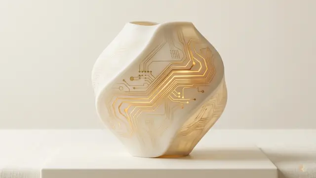 Vasija de cerámica con circuitos electrónicos brillantes que representan cómo los patrones de apego infantil y el "sistema operativo" de las relaciones moldean el amor adulto.