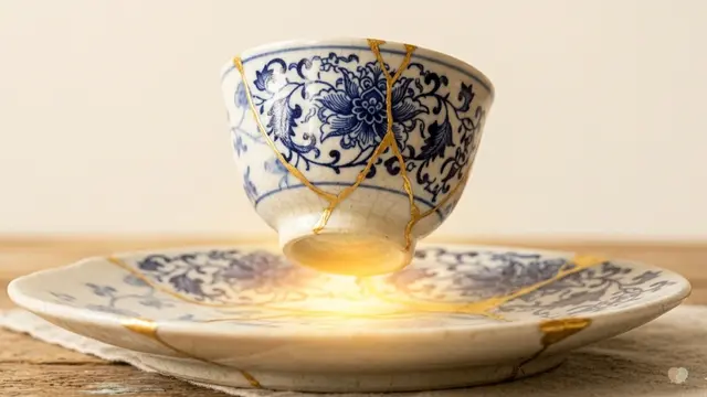 Taza de té reparada con kintsugi y grietas de oro que ilustra el valor emocional y el precio de la terapia de pareja en BetterHelp para sanar la relación.