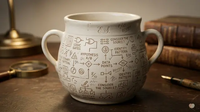 An analytical ceramic mug with data tracking diagrams on a desk next to old books, representing the structured relationship education and personality assessments reviewed in the Relish app.