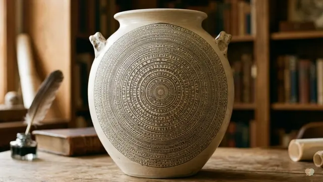 Ceramic vase with circular inscriptions representing complex relationship dynamics, illustrating the in-depth couples education provided by Lasting app subscription and pricing plans.