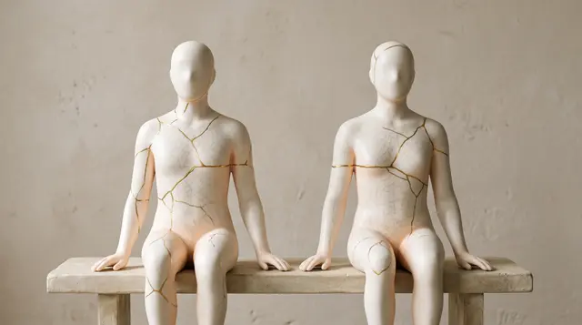 Two faceless porcelain figures sit side by side within reach but not facing each other, their gold seams running across each body and stopping at the gap between them, illustrating how to communicate better in a relationship.