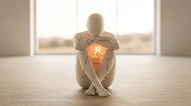 Una figura de porcelana sin rostro sentada y encogida en el suelo de una habitación luminosa, con una luz cálida que brilla dentro de su pecho y se escapa por finas grietas, que ilustra el muro de piedra en la pareja como un bloqueo y no como un arma.