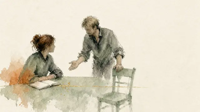 Ink-wash illustration of a woman seated at a table with an open notebook, looking toward a standing man who holds one hand palm up and rests the other on a chair.