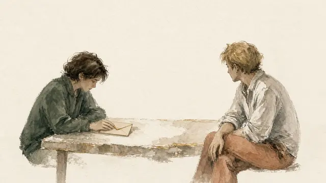 Watercolour of a woman looking down at an envelope on a table while her partner sits opposite, turned toward her.