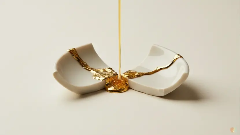 Two pieces of broken white porcelain on a clean minimal surface, the break between them being filled with liquid gold (kintsugi), representing the transformation of fight into intimacy