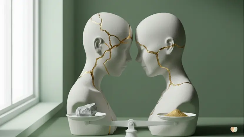 Scale representing the balance between costs and benefits of couples therapy in porcelain kintsugi style