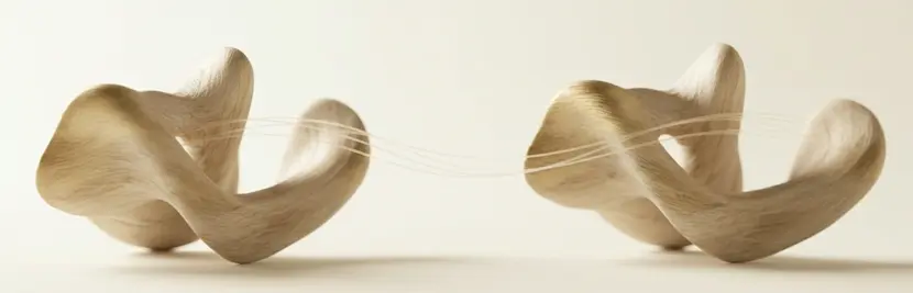 Two abstract figures in gentle dance-like motion, suggesting movement and response to each other, soft flowing lines, cream and warm gold palette, minimal elegant composition, sense of connection through movement symbolizing the Emotionally Focused Therapy in couples therapy