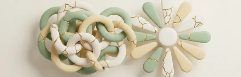 Abstract geometric shapes suggesting thought patterns, clean lines reorganizing from chaos to order, soft blue-gray and cream palette, minimal diagram aesthetic, sense of clarity emerging symbolizing Cognitive Behavioral Couple Therapy