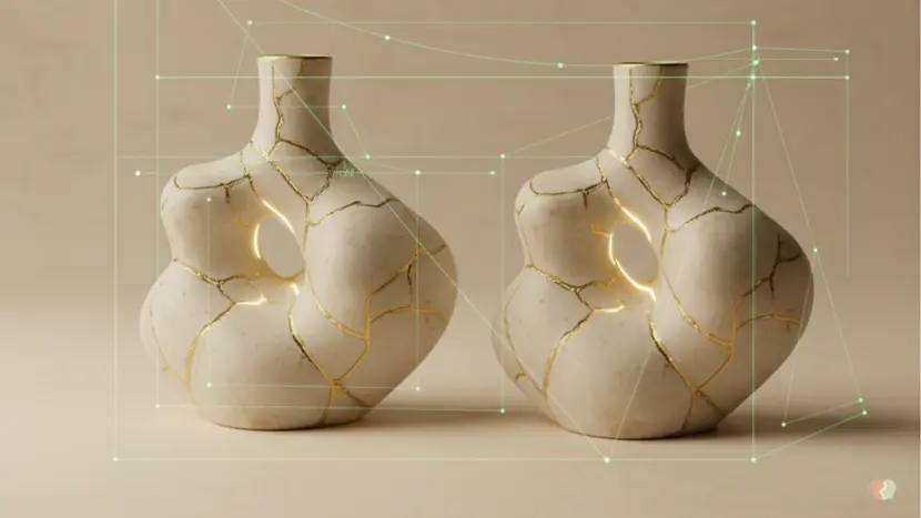 Dos formas abstractas de porcelana con juntas doradas visibles de kintsugi, colocadas como si estuvieran siendo estudiadas o examinadas, con una suave superposición geométrica de color verde salvia que sugiere análisis y estructura.
