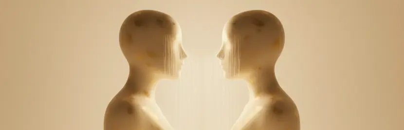 Two silhouette-like forms facing each other with soft light between them, suggesting reflection and recognition, warm muted palette, minimal abstract style, sense of mirroring symbolizing the Imago Relationship Therapy