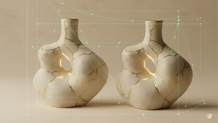 Two abstract porcelain forms with visible golden kintsugi seams, positioned as if being studied or examined, with soft sage green geometric overlay suggesting analysis and framework
