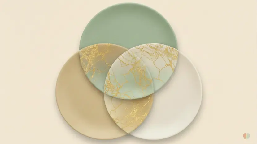 Elegant Venn diagram with overlapping circles in soft colors, suggesting connection between different approaches, cream background, gold accents where circles overlap, clean minimal design symbolizing how the different approaches to couples therapy connect.