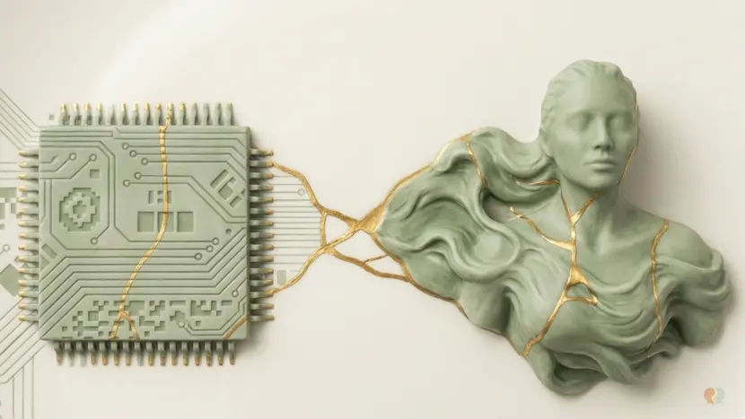 Ceramic sculpture uniting microchip and human forms, symbolizing AI in couples therapy vs human therapist.