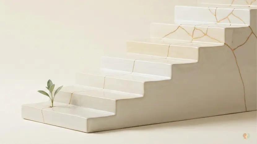 Concept art representing economic alternatives to couples therapy, featuring a Kintsugi-repaired staircase with gold lines and a plant to symbolize relationship resilience and affordable healing