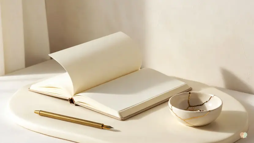 A Kintsugi bowl with gold repairs next to an open notebook and pen, symbolizing relationship healing and the effectiveness of online couples therapy.