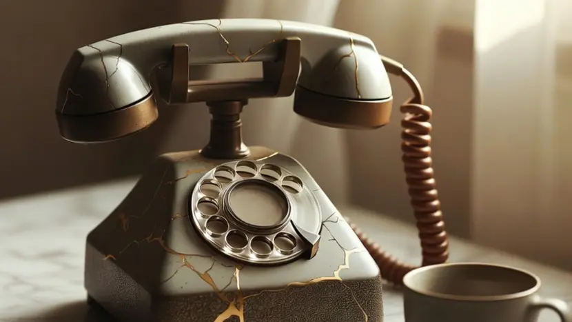 A vintage rotary phone repaired with gold Kintsugi cracks, symbolizing how modern apps can repair and upgrade couples' communication.