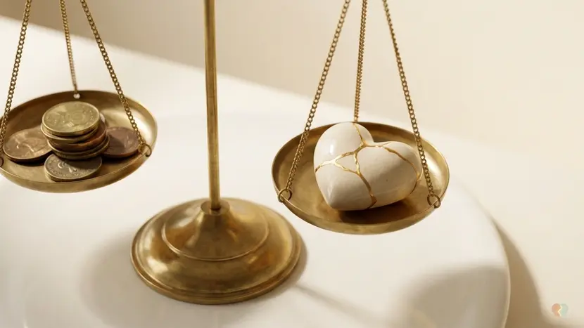 A brass balancing scale tips between a stack of mixed coins on one side and a white ceramic heart repaired with gold kintsugi on the other, symbolizing the balance between financial cost and relationship healing when looking for free couples apps.